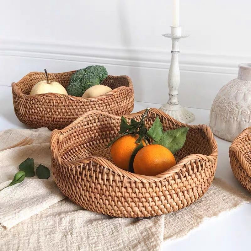 Rattan Bread Basket, Hand Woven Fruit Basket, Wicker Serving Basket Bowl, Dec...