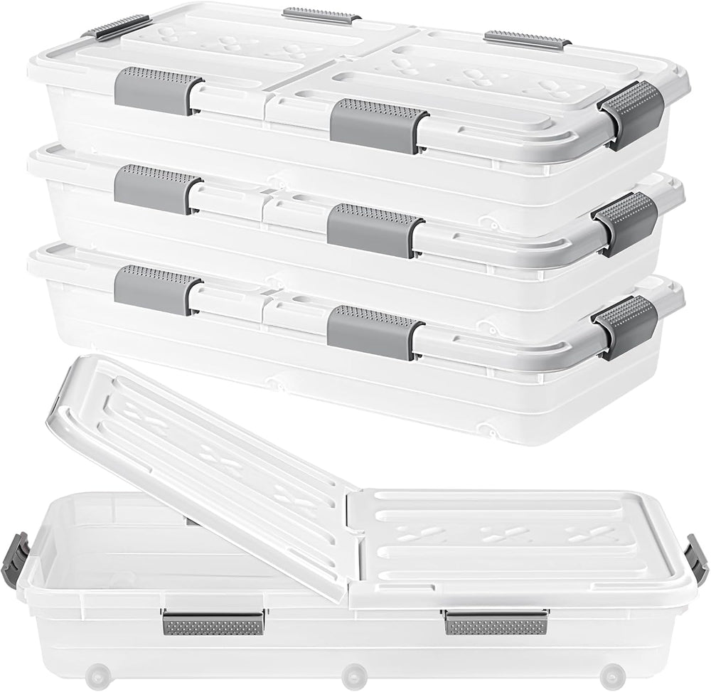 4 PCS*49 Qt Wheeled Latching Under Bed Storage, Double Opening Lids Stackable...