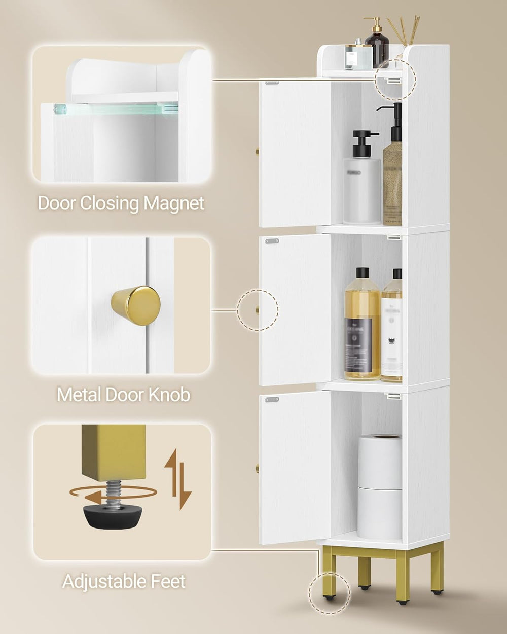 Hzuaneri Slim Bathroom Storage Cabinet, Narrow Bathroom Organizers,3 Doors