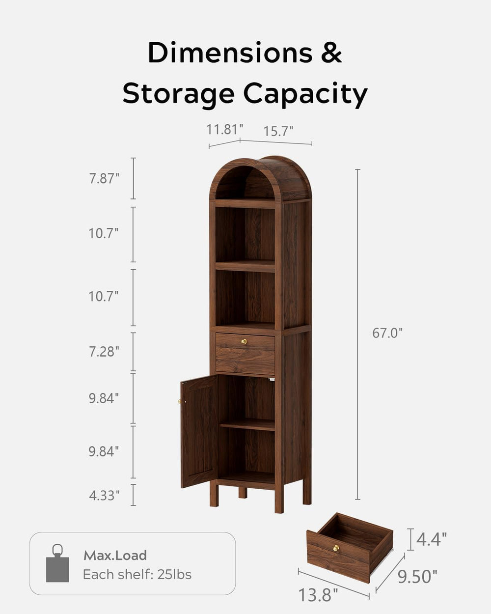 EYYTHUNG Arched Bathroom Narrow Storage Cabinet with Door and Drawer, 67&quot...