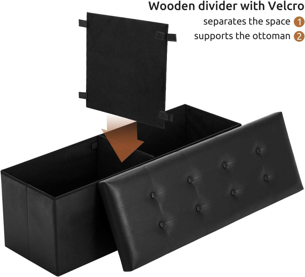 YOUDENOVA 43" Ottoman with Storage, Folding Faux Leather Bench, Black