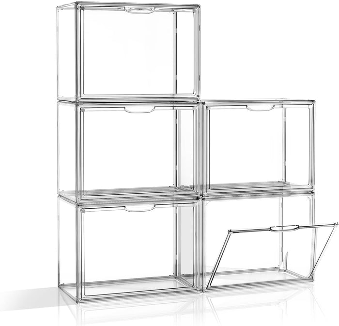 Clear Purse Organizer for Closet, 5 Pack Handbag Storage Organizer, Acrylic Display Case for Collectibles, Stackable Storage Bins with Magnetic Lids for Figure, Wallet, Clutch, Doll