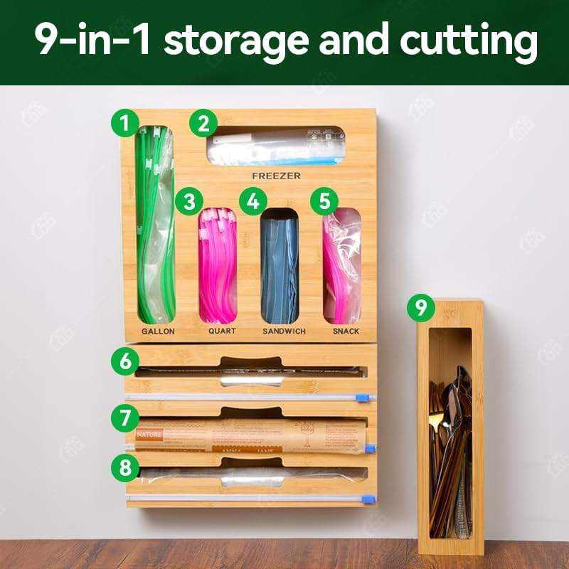 LDQ 9-in-1 Shatterproof Square Bamboo Storage Box - Aluminum Foil Dispensr wi...