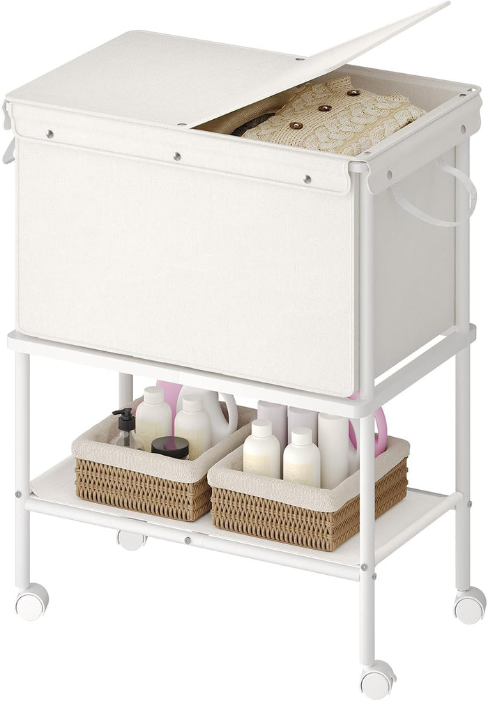 HOOBRO Rolling Laundry Cart with Lid & Shelf, 2-Tier Laundry Basket