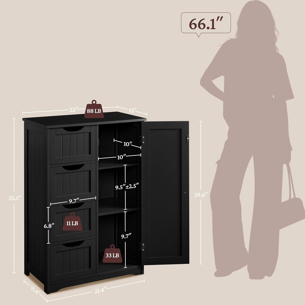 Yaheetech Small Bathroom Storage Cabinet with 4 Drawers & Door, Black