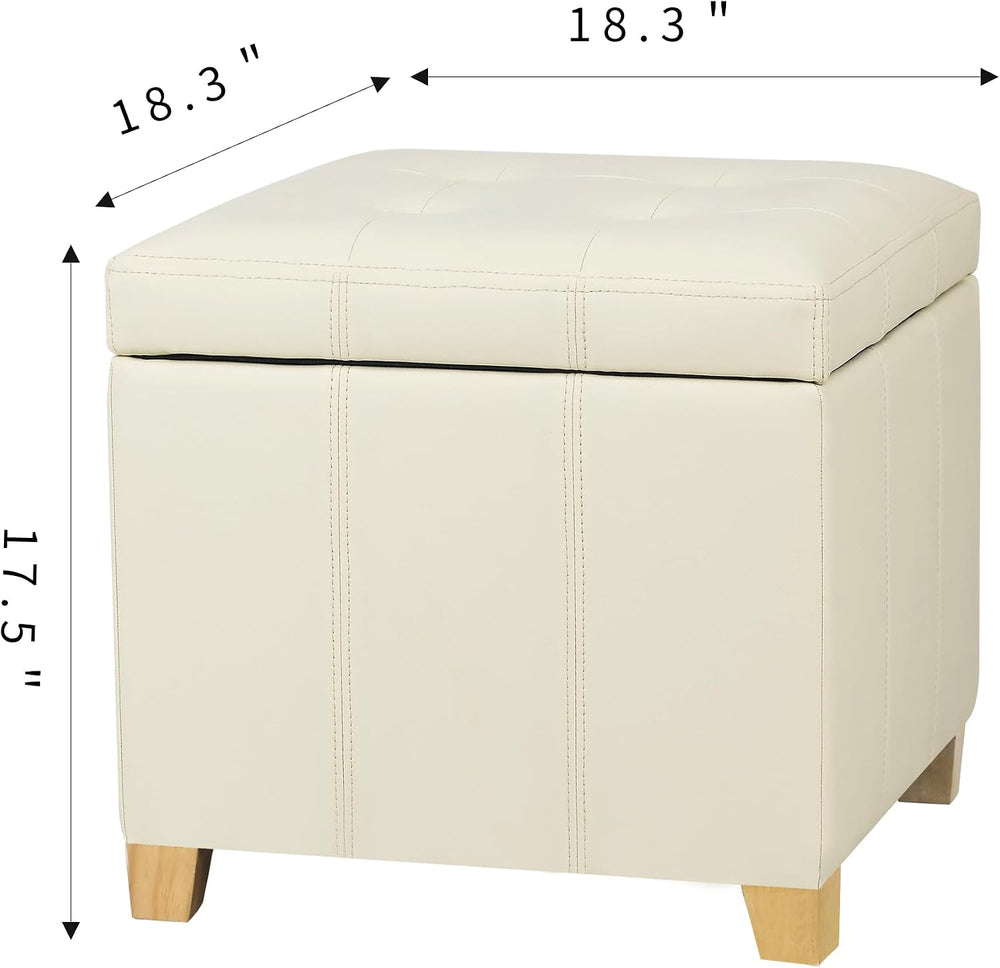 Adeco Faux Leather Storage Ottoman with Hinged Lid, 17.5 Inch High Cream Whit...