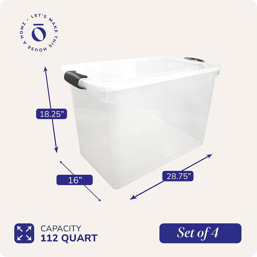 HOMZ 4-Pack Secure Latch, Clear Plastic Storage Organizer Bins, 112 Quart, Gr...