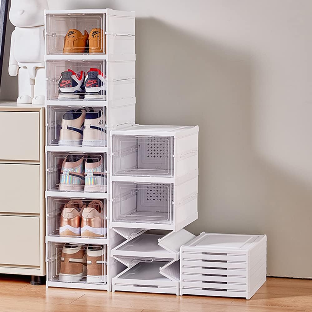 6-Tier Shoe Rack Shoe Storage Box Bins Clear Collapsible Plastic Accordion St...