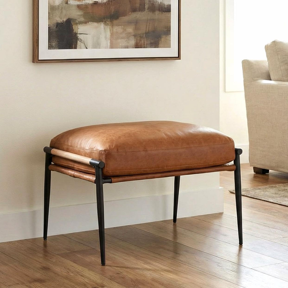 DUOMAY Cute PU Leather Single Footrest, Upholstered Footstool with Black Meta...