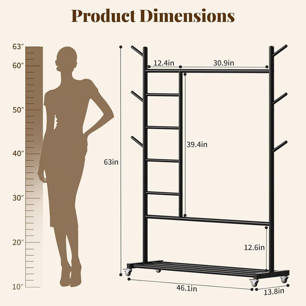 Yoobure Solid Wood Clothing Rack, 4-in-1 Wooden Clothes Rack with Wheels