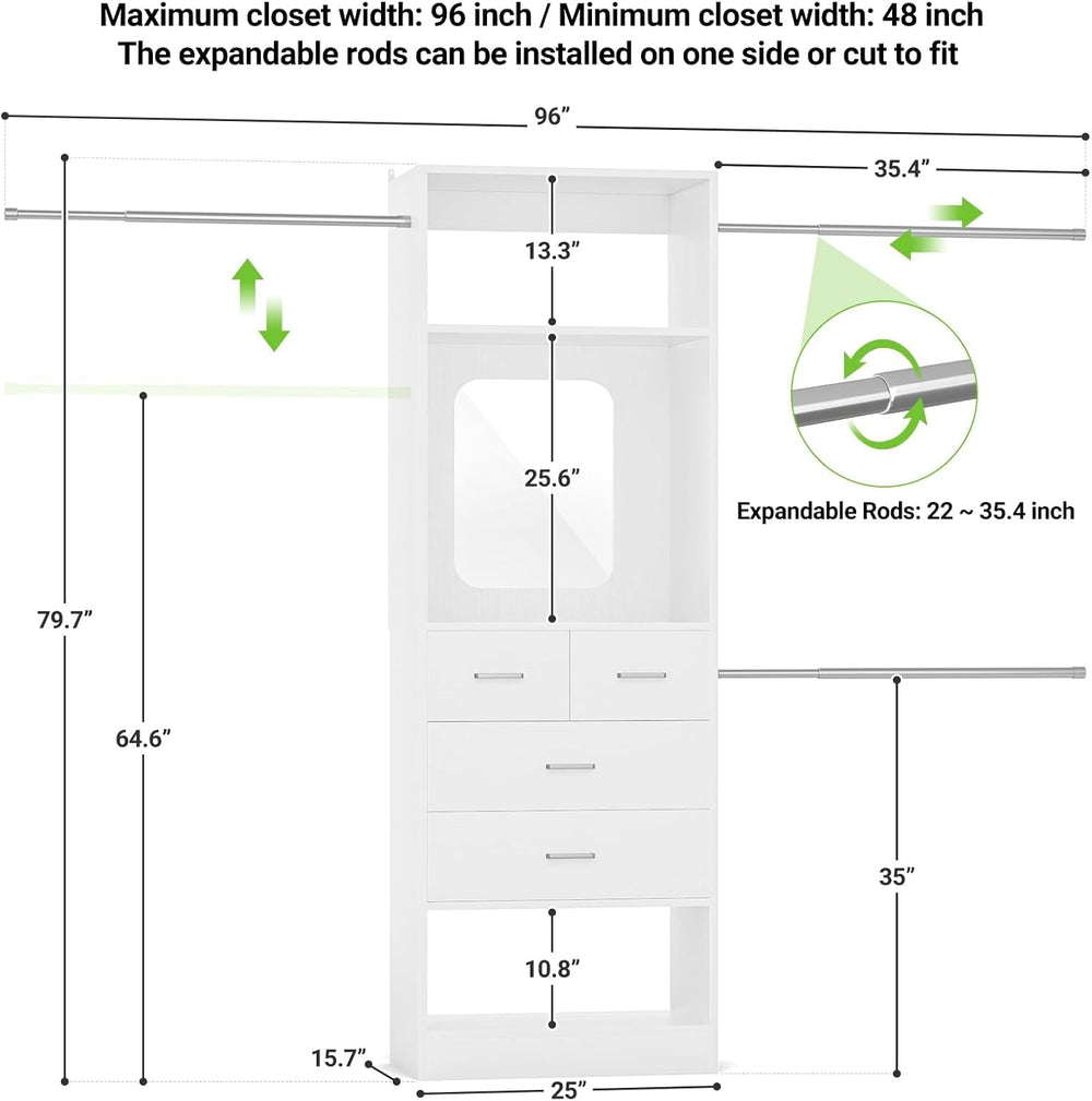 Unikito 8FT Closet System with Mirror and 3 Extendable Hanging Rods, White