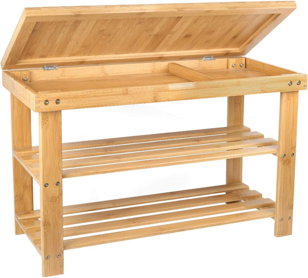 3-Tier Bamboo Shoe Rack Bench, Entryway Bench with Storage Drawer, Natural