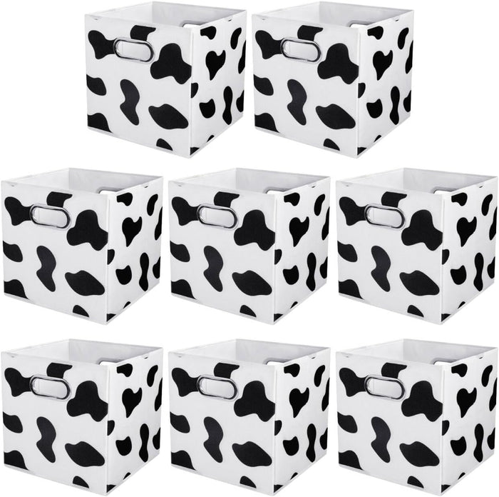 ANMINY Cow Print Cube Storage Bins with Handles, Washable, Collapsible | Cotton Linen Fabric, PP Plastic Board, Animal Print Decor, Storage Basket for Closet Shelf, 11 x 11 x 11 Inch, 8PCS