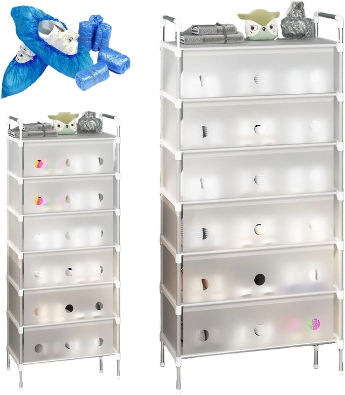 Shoe Rack, 3-7 Tier Reversible Shoes Storage Cabinet with Plastic Doors and 50 Disposable Shoe Covers, Metal Storage Organizer Shelf for Entryway Hallway, Easy to Build(White,60 cm/23.62 in(7-Tier))