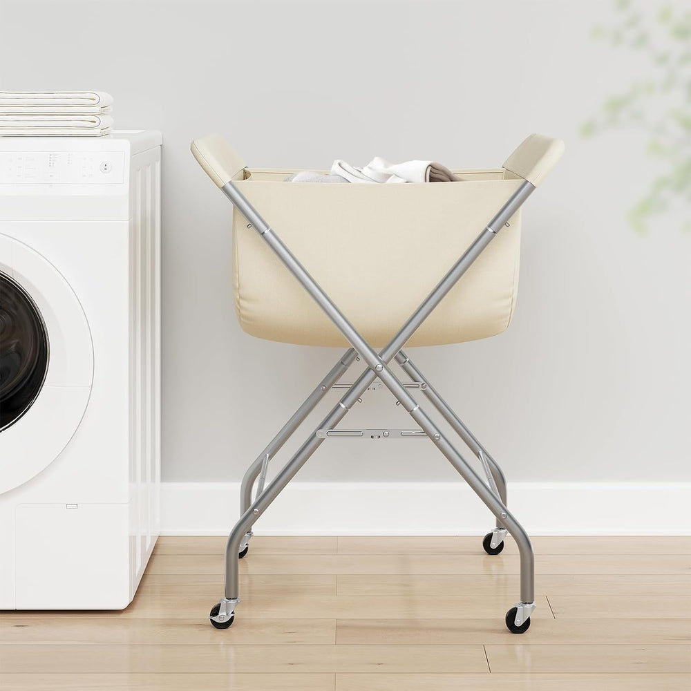 ELYKEN Laundry Basket with Wheels, Collapsible Laundry Hamper, Cream