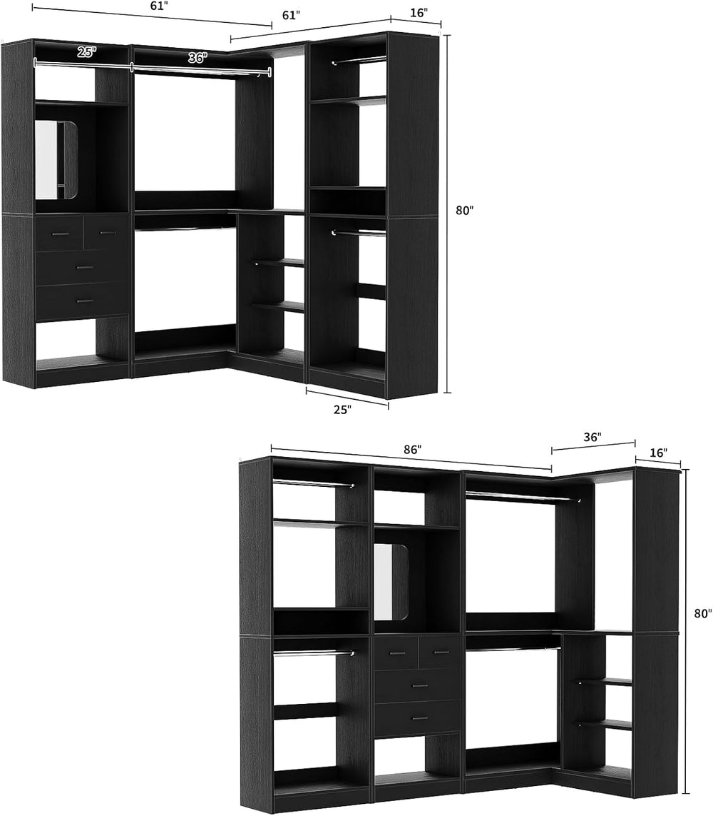 Unikito 86" Corner Closet System with 4 Drawers, 4 Hanging Rods and Mirror