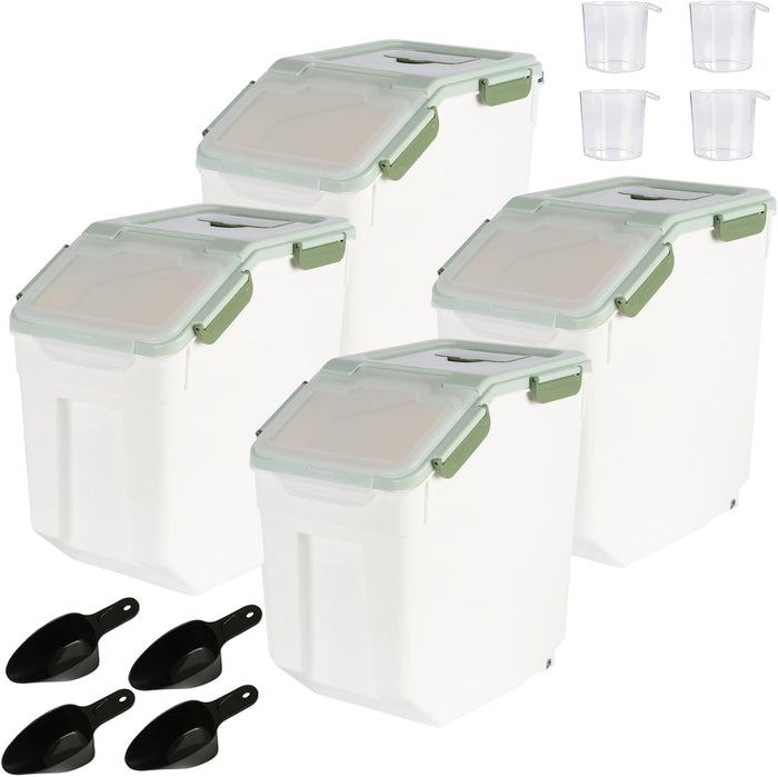 4 Pack Grain Food Storage Container, 20LB Airtight Rice Bin Storage Bucket with Spoon and Measuring Cup, Large Flour Dispenser Container Set 80LB Total Capacity, Green