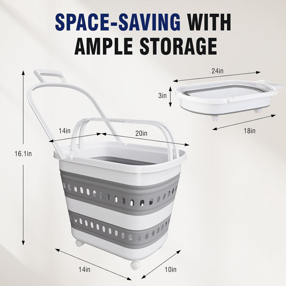 Collapsible Plastic Rolling Laundry Basket Hamper with Wheels, 45L Portable R...