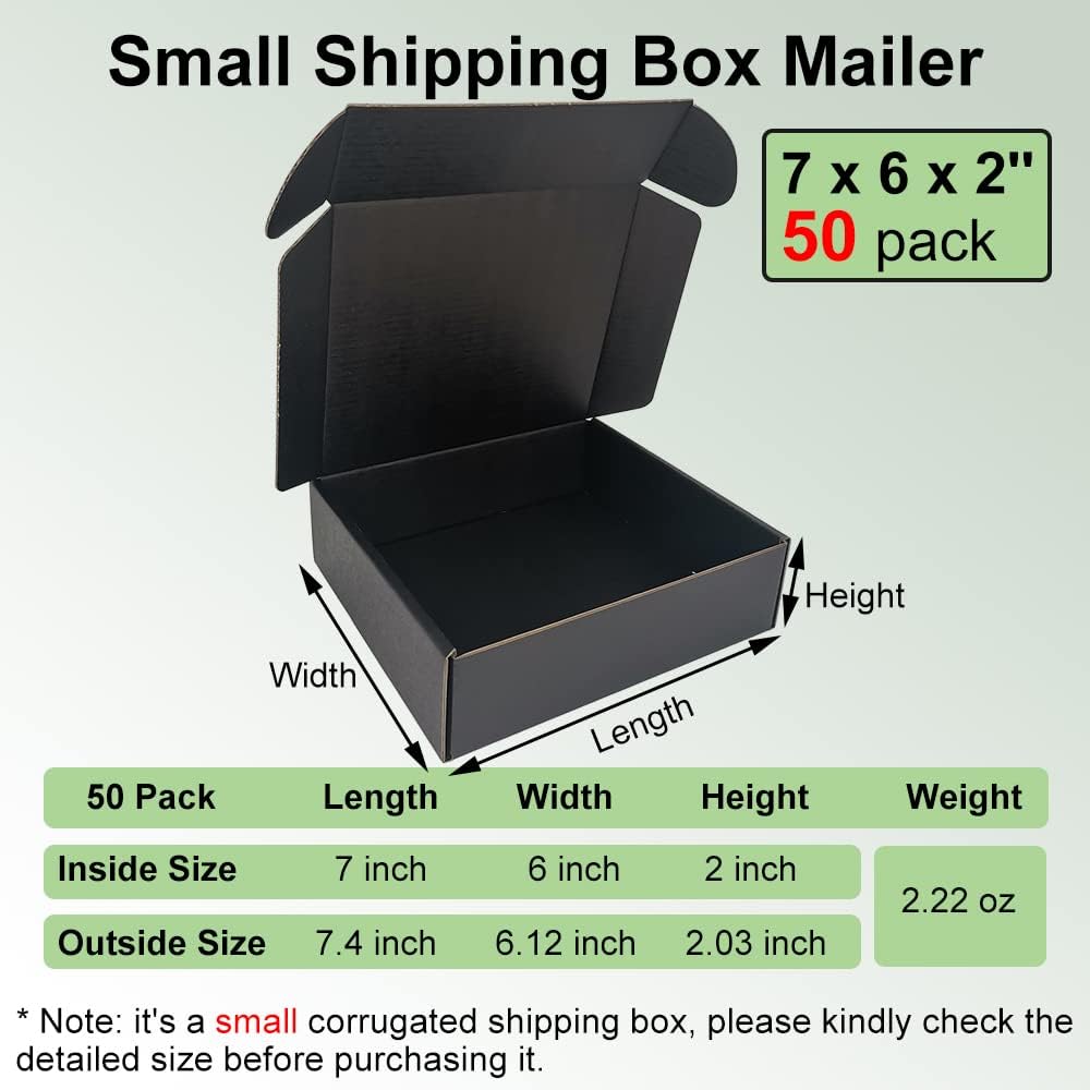 50 Pack 7x6x2'' Small Shipping Boxes, Black Corrugated Cardboard Mail...
