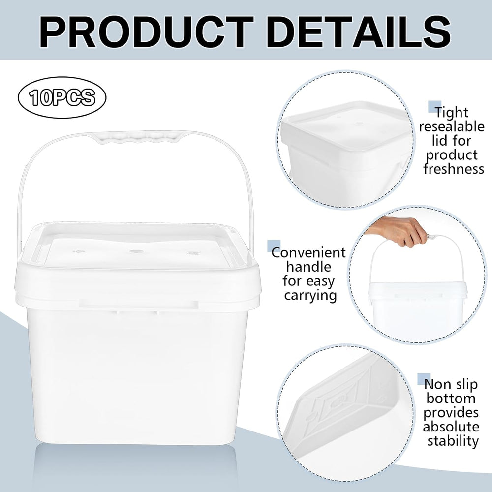 Hushee 10 Pcs 2 Gallon Bucket 68 Mil Square Plastic Buckets with Lid and Hand...
