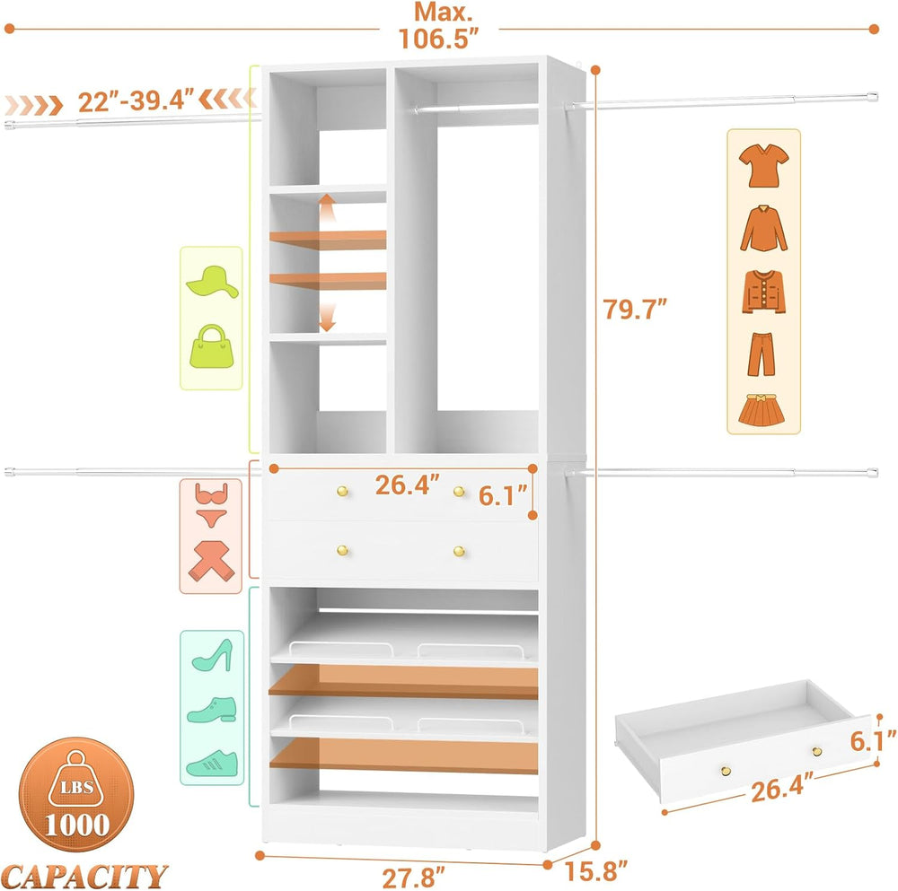 Besiost Closet System, 4.2–8.8 FT Closet Organizer with 2 Wooden Drawers and ...