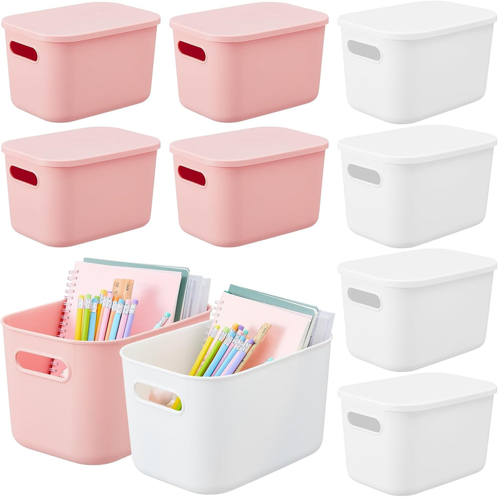 Hoolerry 8 Pieces Storage Bins, 14.2 x 10.2 x 9.5 Inch, White and Pink