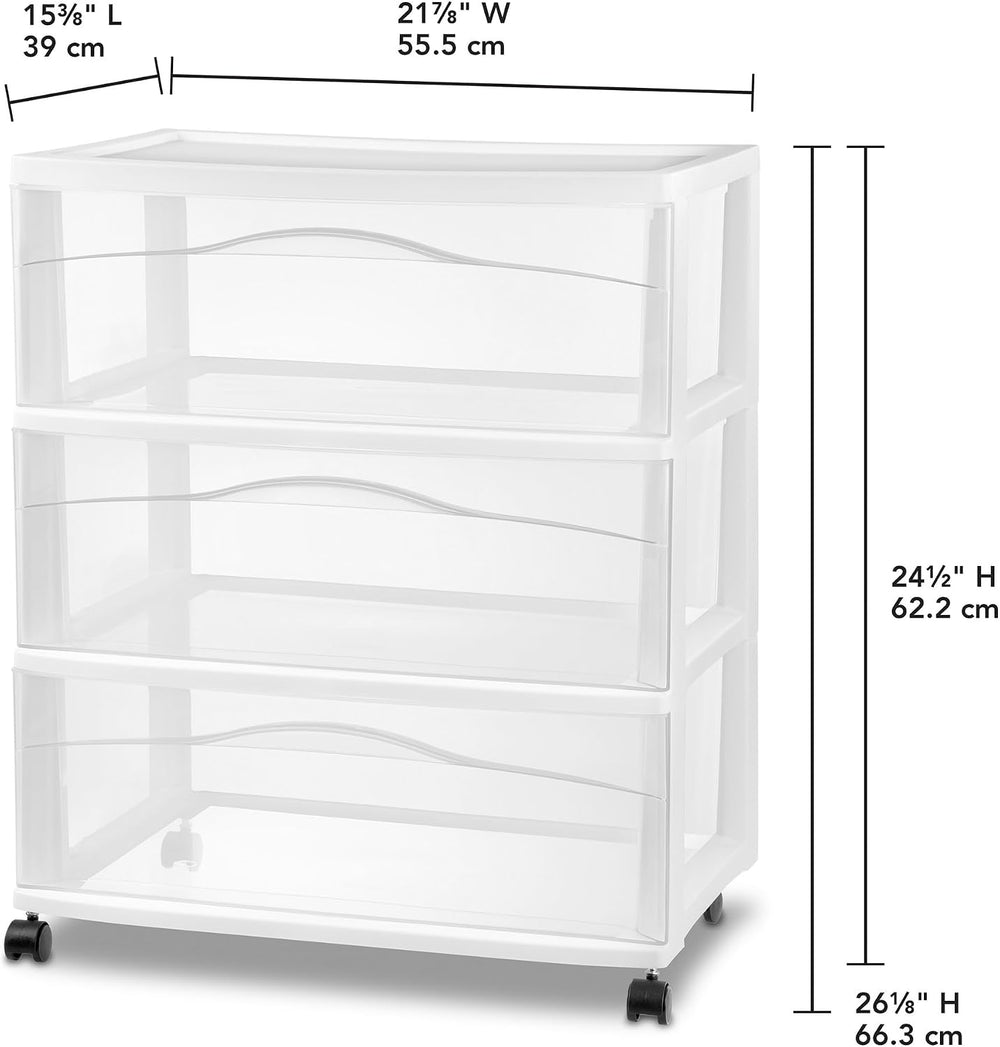Sterilite Wide 3-Drawer Cart with Wheels for Bedroom and Dresser, 2-Pack