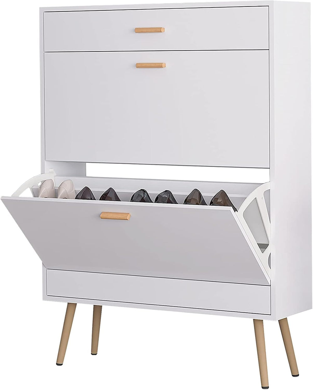 White Shoe Cabinets with 2 Flip Drawers, Tipping Bucket 2-Tier 16 Pairs Shoe ...