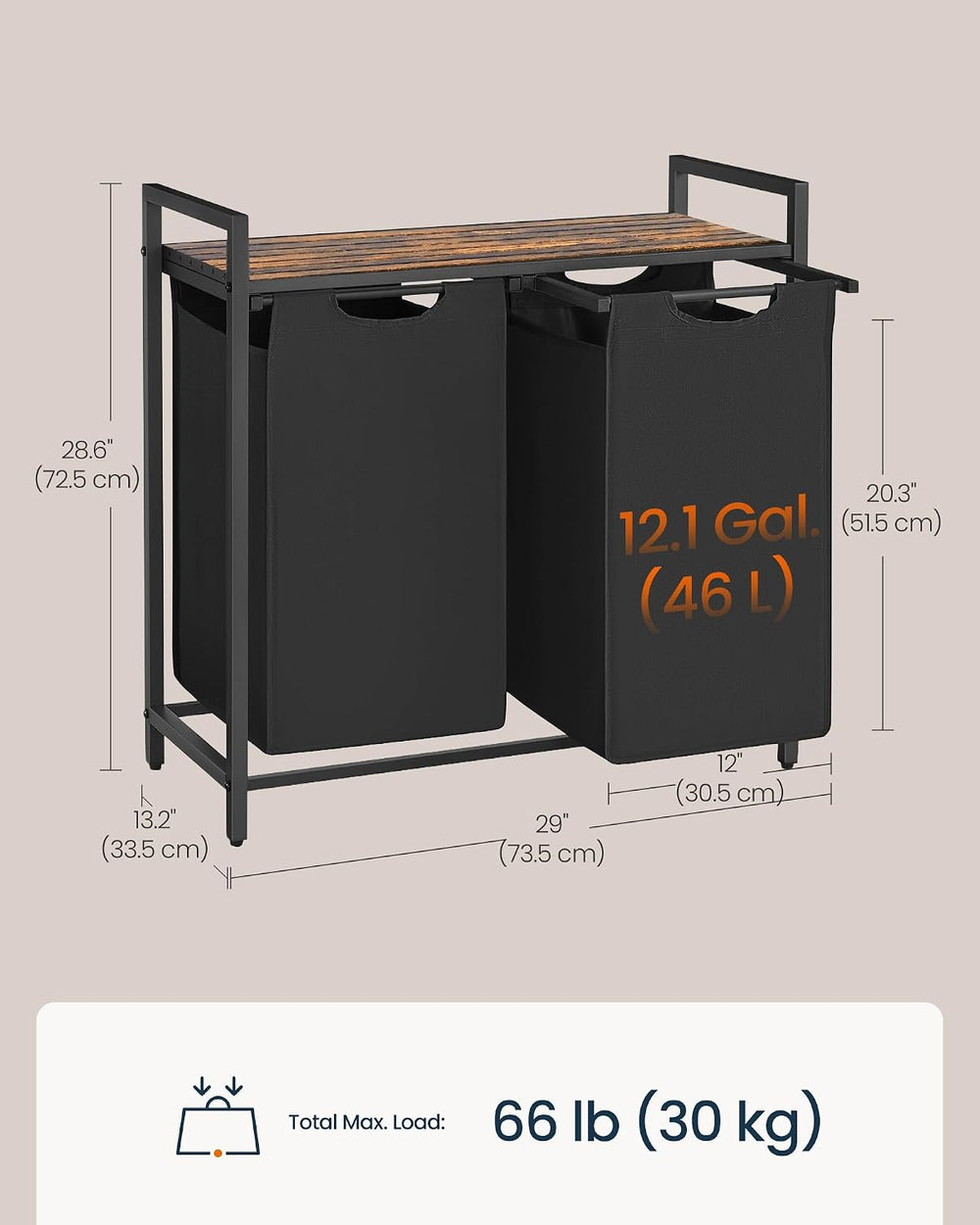 SONGMICS HOME Laundry Basket Sorter with Storage Shelf, Laundry Hamper with M...