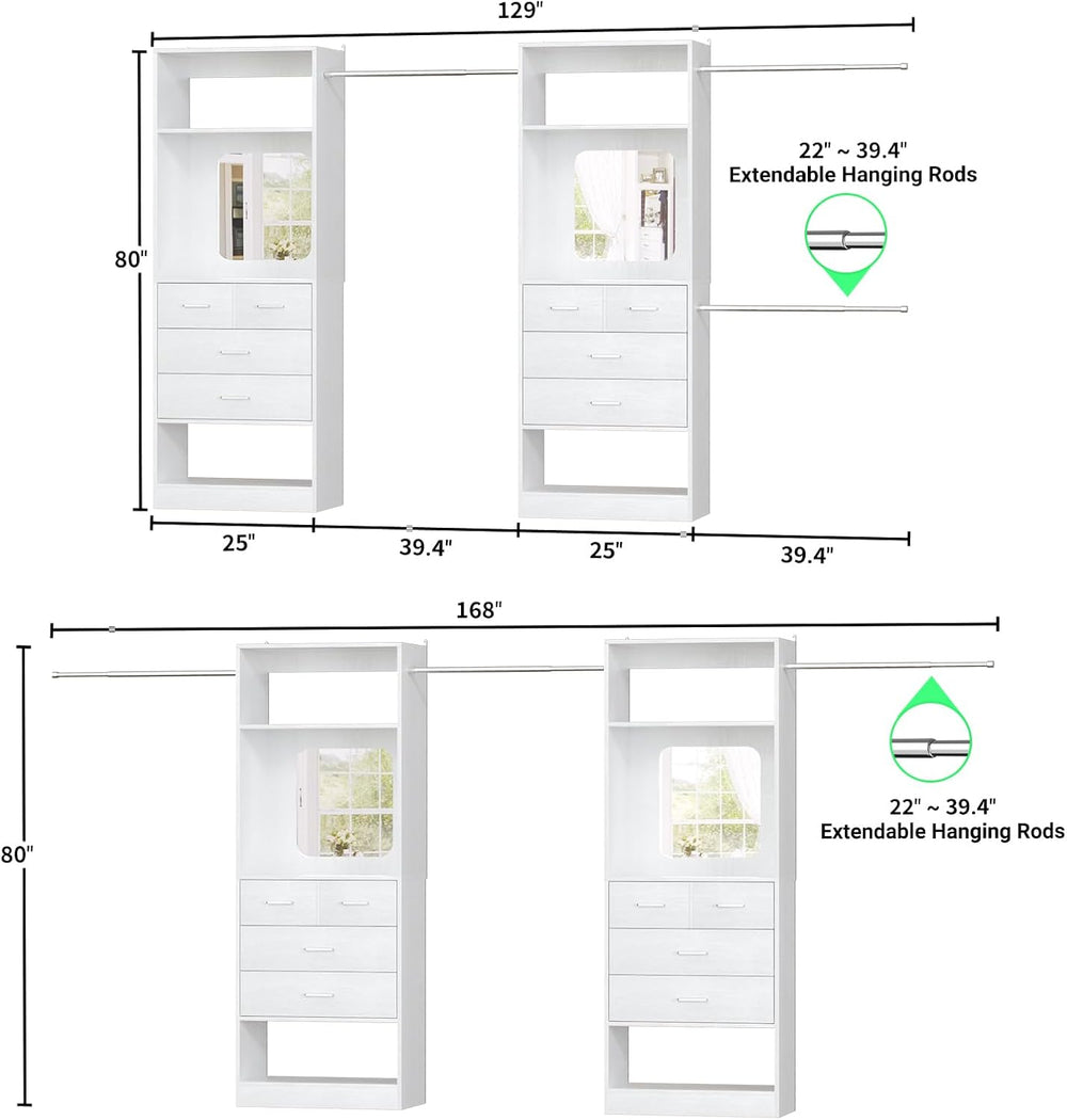 Unikito 6-14FT Walk in Closet Systems with 8 Drawers and Mirror, White