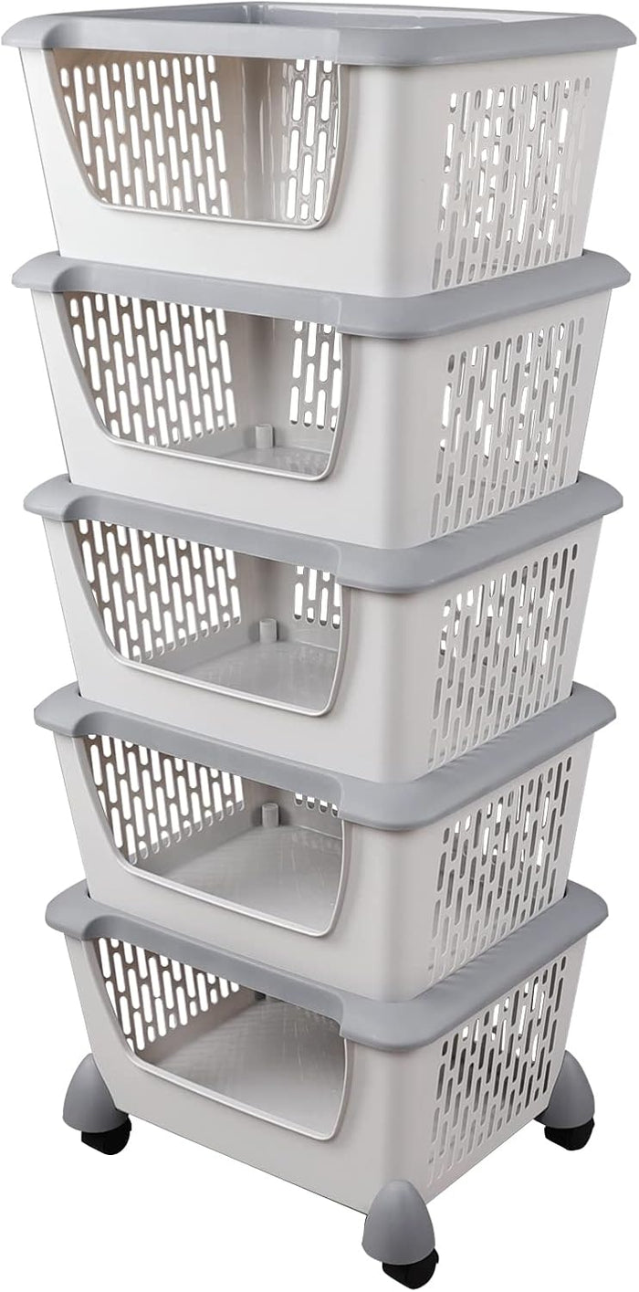 5 Tier Large Plastic Storage Stacking Basket/Bin on Wheels, Grey