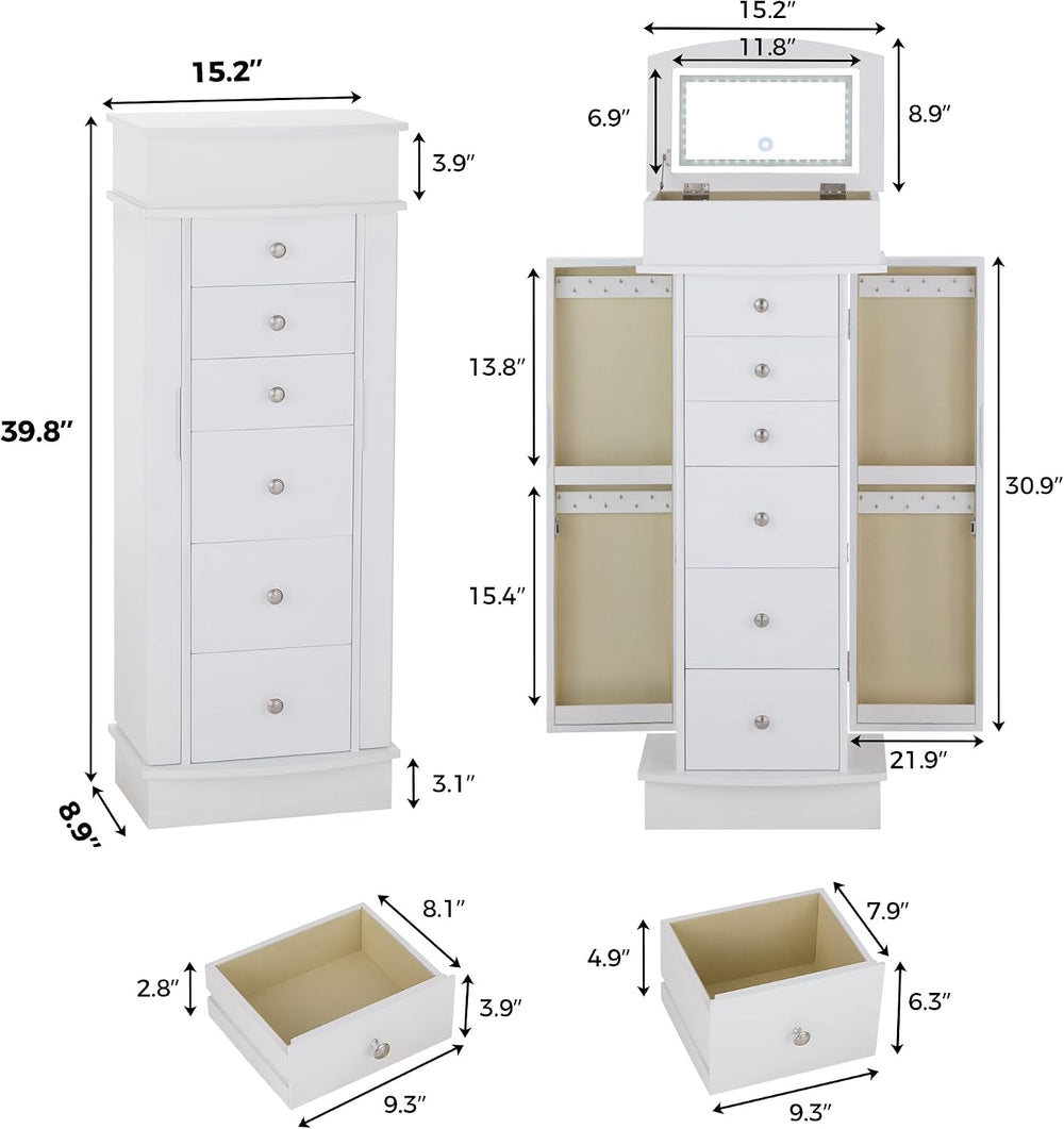 IRONCK Jewelry Cabinet with LED Mirror and 6 Drawers, White