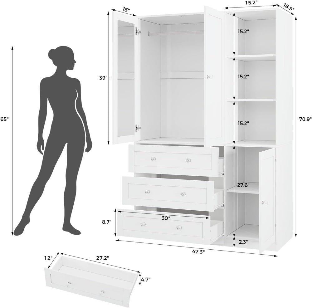 VOWNER 71"H Armoire Wardrobe Closet with Mirror and Open Shelves (1, White)