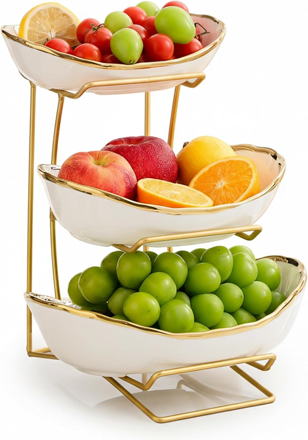 Gold Silver Fruit Bowl with Metal Stand, 3 Tier Ceramic White Fruit Bowl Frui...