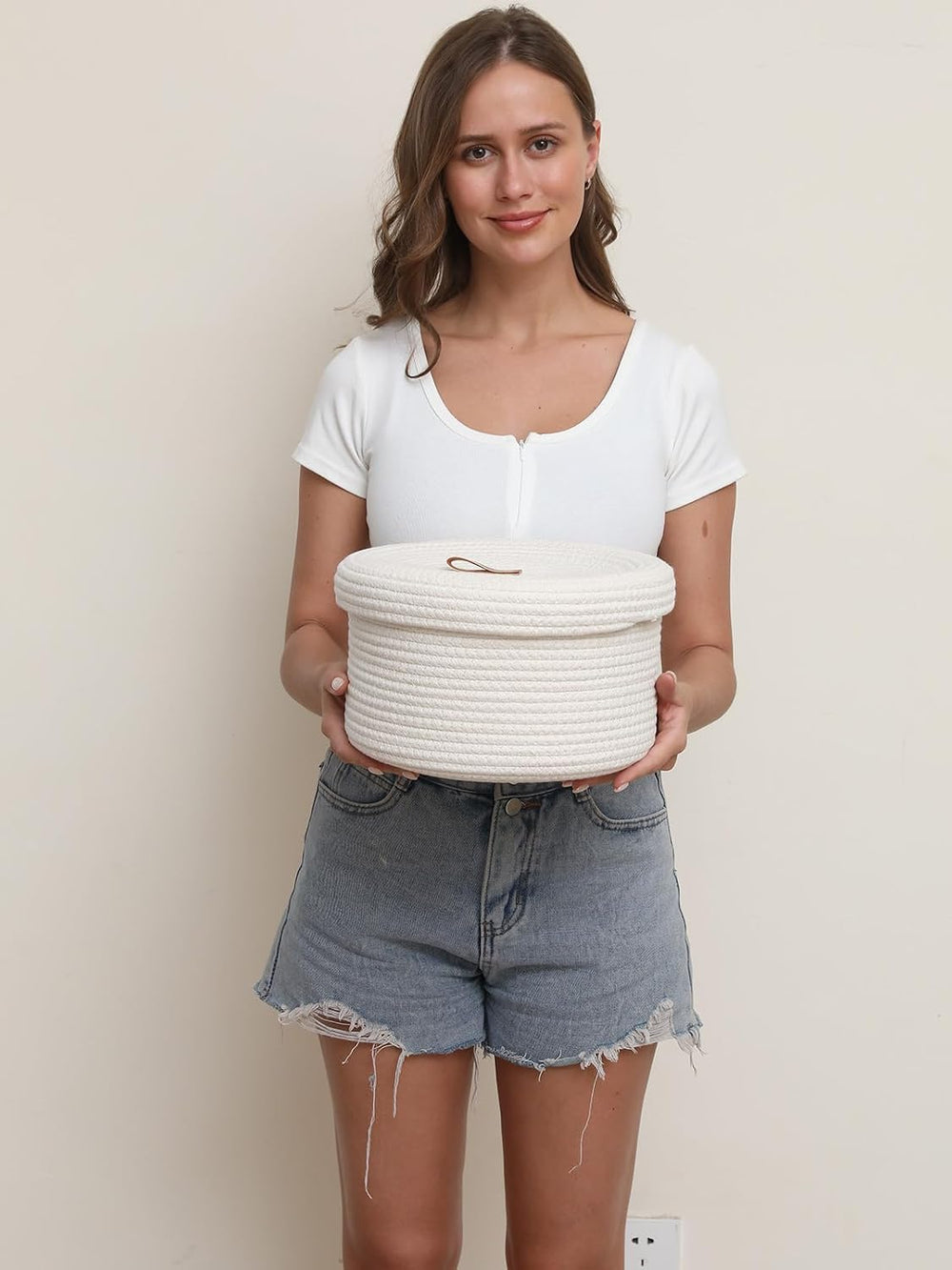 Set of 3 Small Woven Baskets with Lids, Cotton Rope Round Nesting Storage Bas...