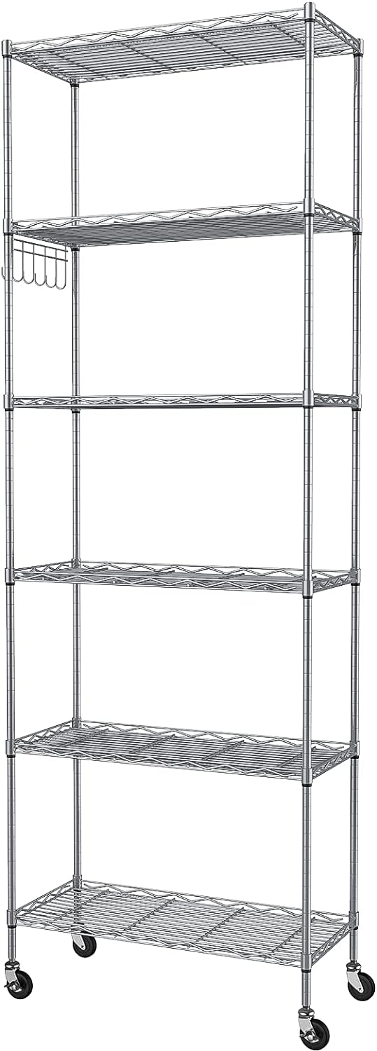 Homdox 6-Tier Storage Shelf Wire Shelving Unit Free Standing Rack Organization with Caster Wheels, Stainless Side Hooks, Silver Gray