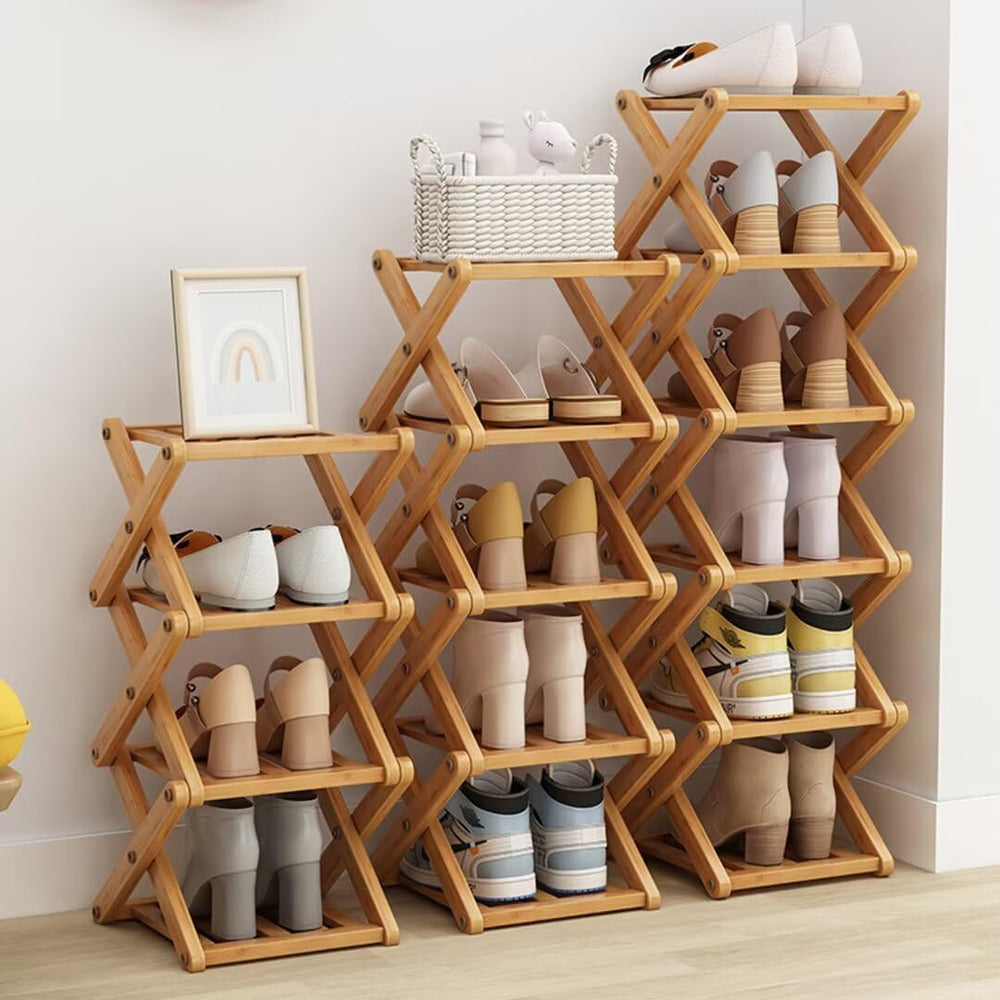 Vertical Shoe Rack Folding 5 Tier, Narrow Shoe Storage Rack, Bamboo Shoe Shel...