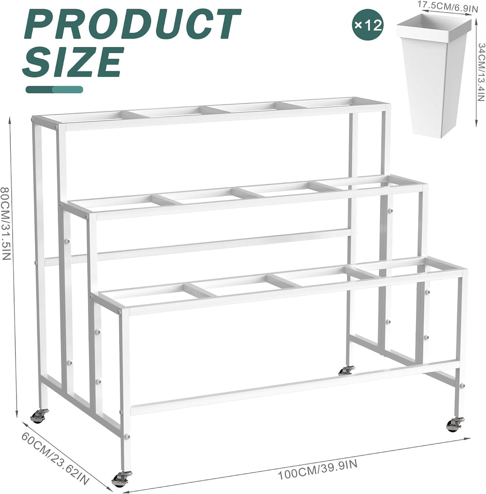 Asee'm Flower Display Stand with Buckets Bloom Bar Cart with Wheels White