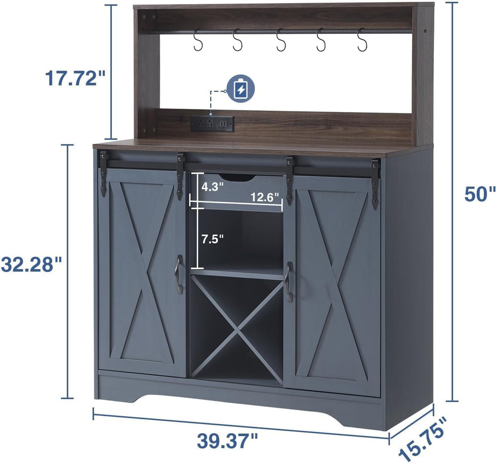 Wnutrees Farmhouse Coffee Bar Cabinet with Charging Station and USB, Blue