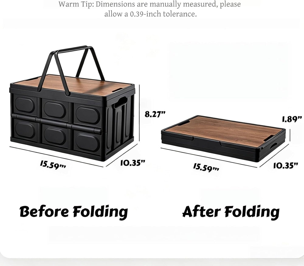 Collapsible Storage Bin with Wood Lid, Stackable Camping Storage Box for Car ...
