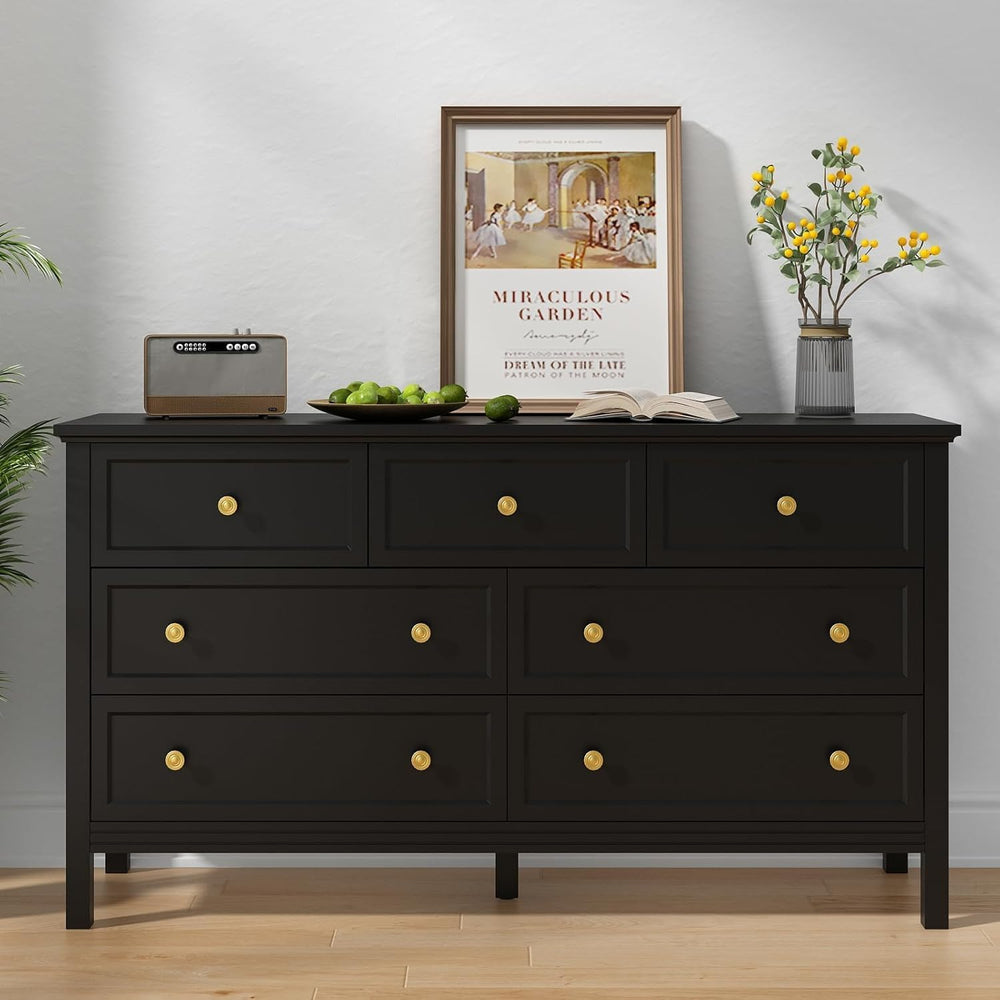 CARPETNAL 55" Black Dresser for Bedroom, 7 Drawer Black and Gold Dresser...