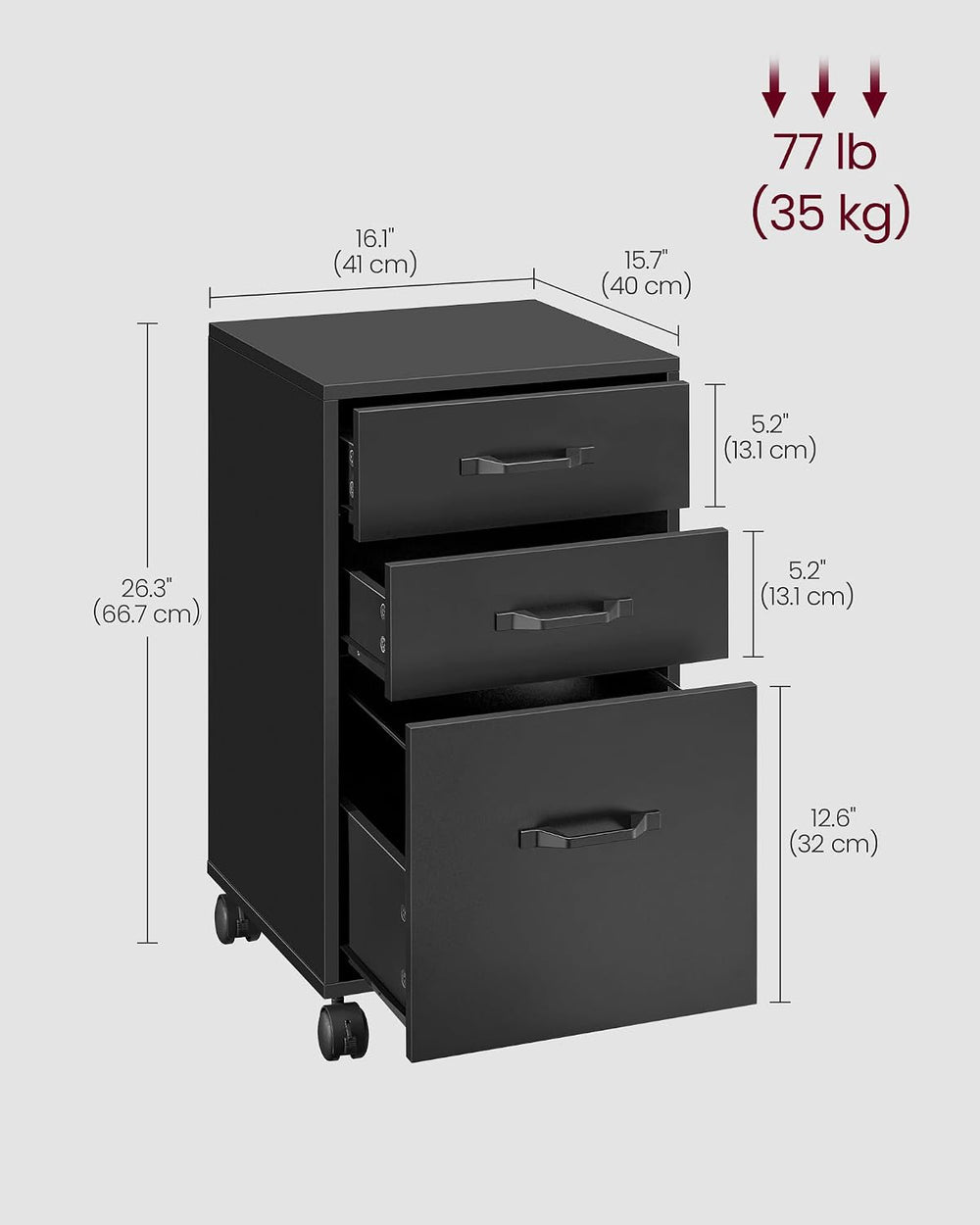 VASAGLE Mobile File Cabinet, 3 Drawers Filing Cabinet with Wheels