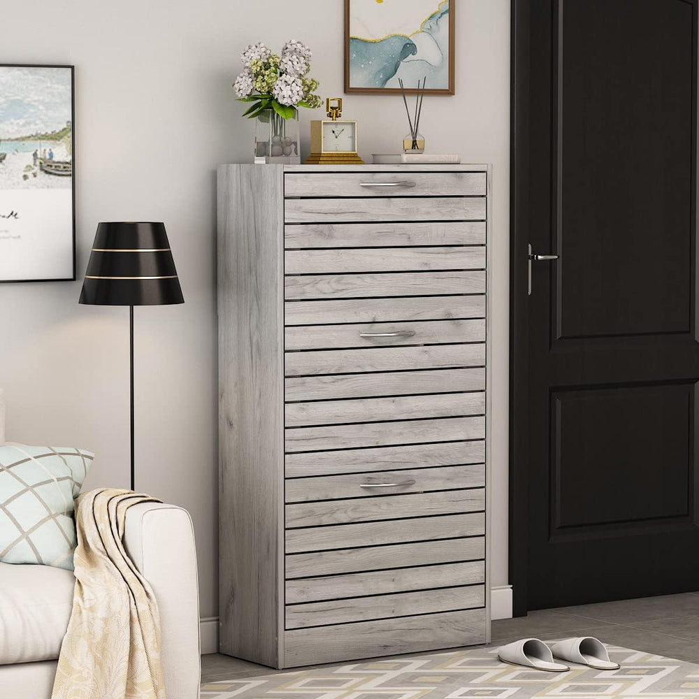 AGOTENI Shoe Cabinet, Grey Narrow Shoe Storage Cabinet with 3 Flip Doors &amp...