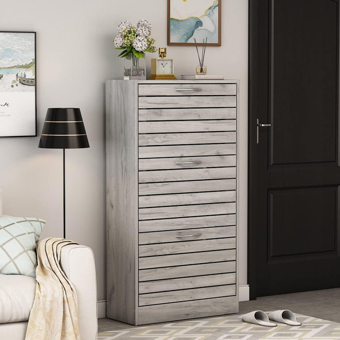 AGOTENI Shoe Cabinet, Grey Narrow Shoe Storage Cabinet with 3 Flip Doors & Adjustable Shelf for Entryway Hallway (22.4”W x 9.4”D x 42.3”H)