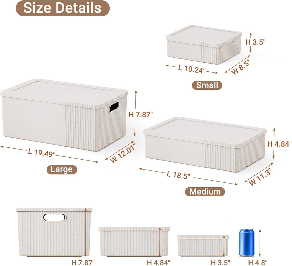 Decorative Storage Bins with Lids, Set of 6, 3 Size Baskets, Ivory