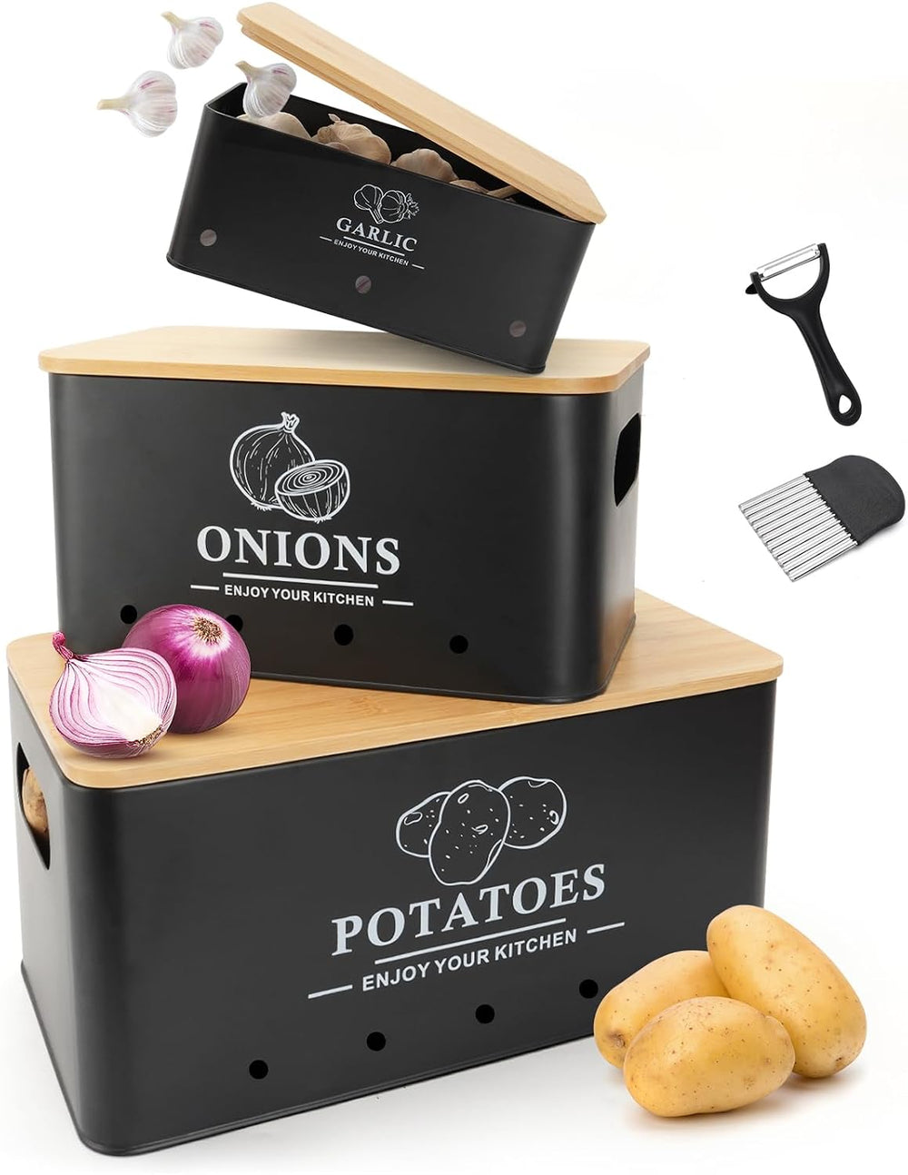 Kitchen Vegetable Storage Set of 3, Metal Onion Garlic Potato Storage Set, Ki...