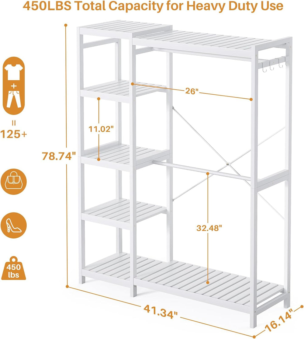 Homykic Bamboo Closet System, 41.4” Wide Clothing Rack, 78.8”H, Pure White