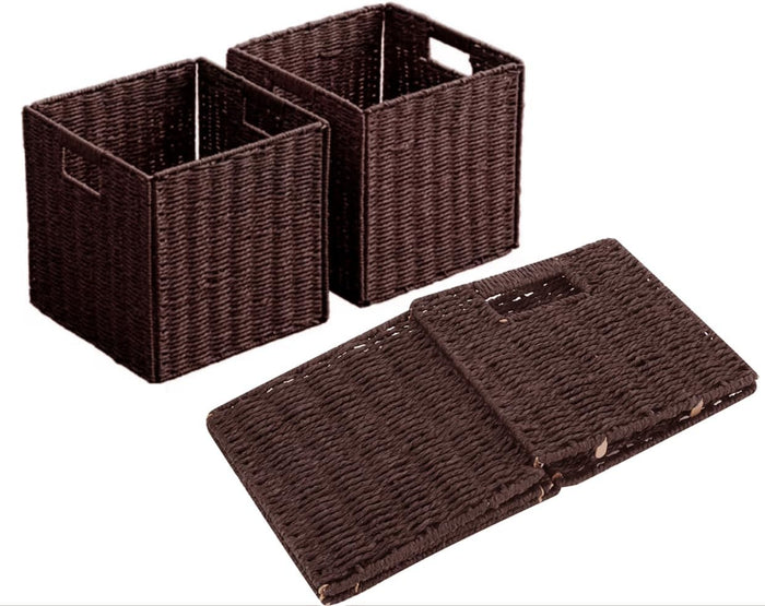 10.5x10.5in Storage Baskets Set of 3 Dark Brown Paper Rope Woven Baskets,Foldable Handwoven Storage Cubes,Wicker Cube Baskets Laundry Organizer Totes for Bathroom, Bedroom, Laundry, Pantry, Shelves