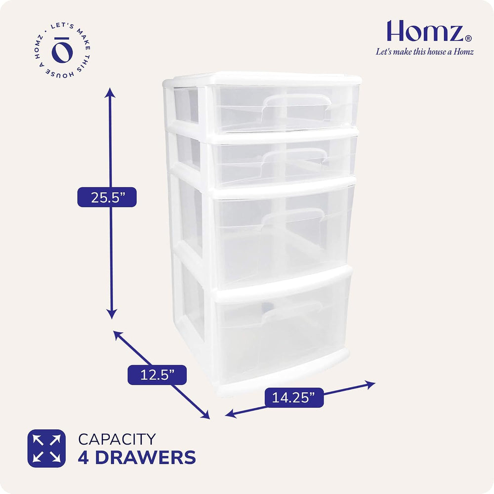 HOMZ Drawer Tower, 4-Tier Storage Cart with Removable Wheels, White Frame
