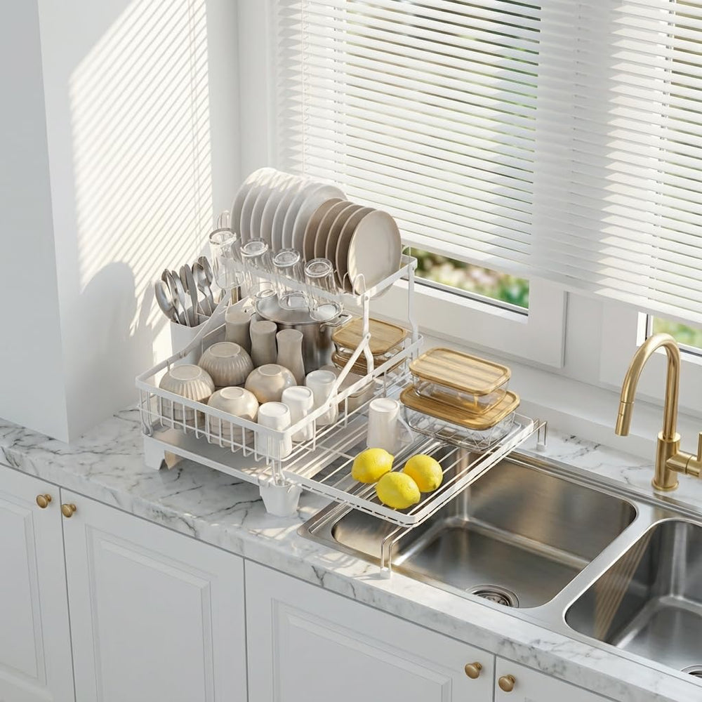 GSlife Large Expandable 2 Tier Dish Drying Rack - Over Sink & Counter Use